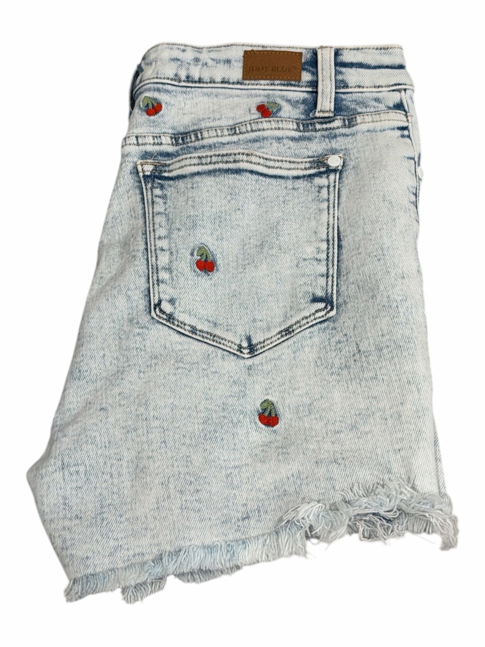 Judy Blue Cherry Embroidered Distressed Denim Shorts Light Wash Size Large - Picture 3 of 7
